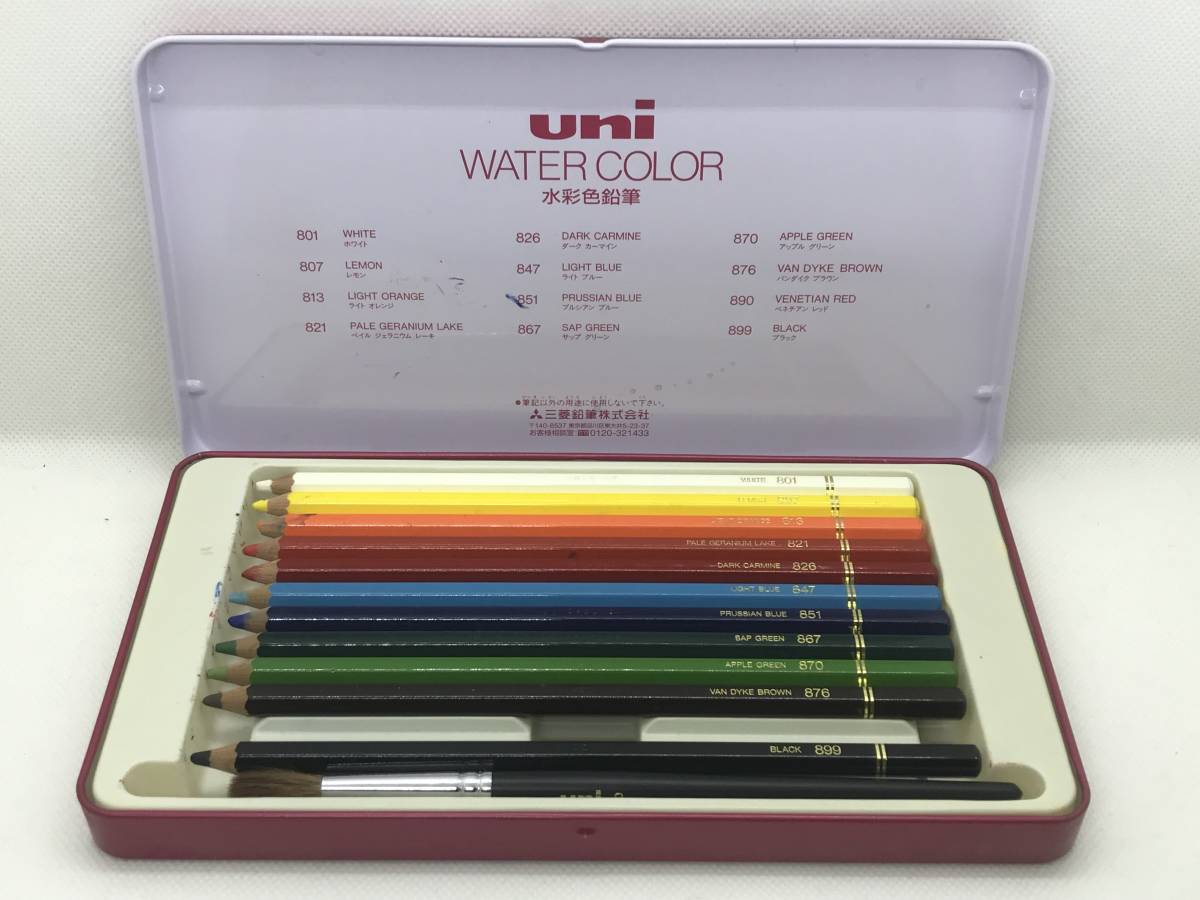 1FC☆三菱鉛筆株式会社 水彩色鉛筆 12色 ウォーターカラー uni WATER COLOR 水彩筆付 890ベネチアンレッド欠品 