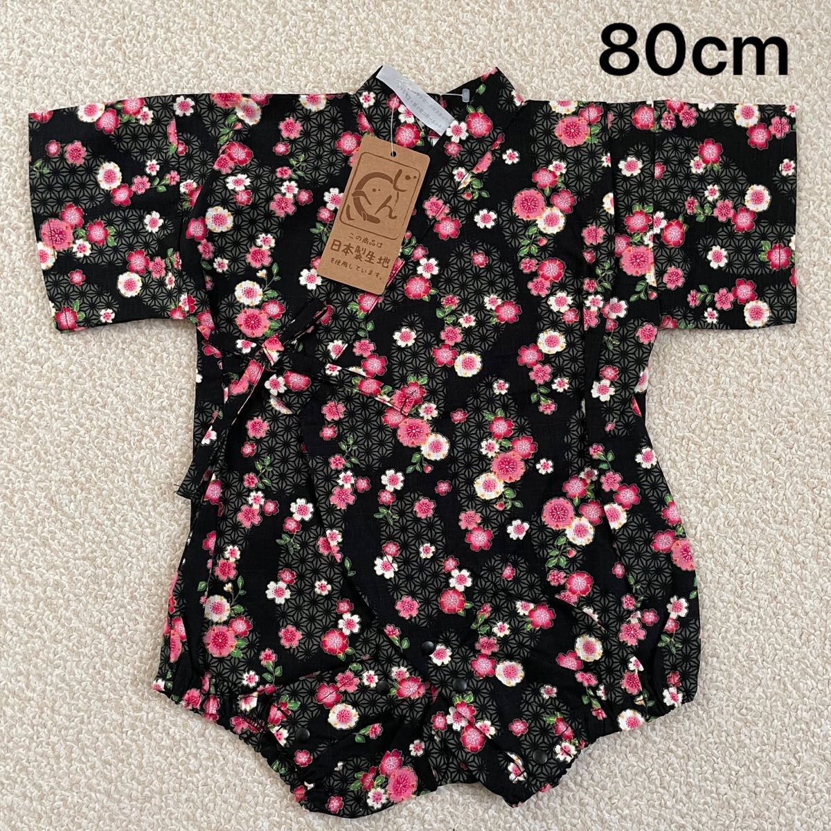 新品☆日本製生地 花柄 ベビー ロンパース 甚平 女の子 黒 80cm 甚平 80cm 花柄 ロンパース