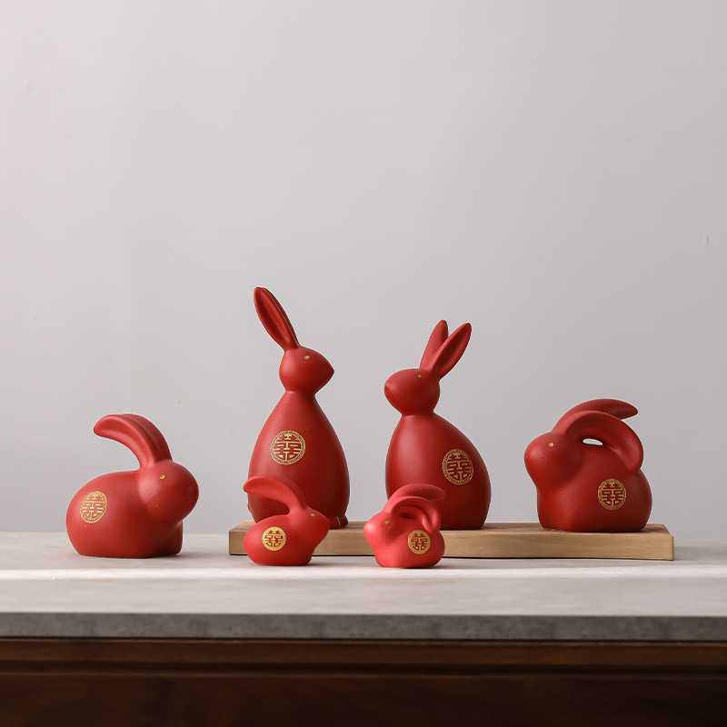 置物 赤い兎 双喜紋 そうきもん 中国の縁起物 陶器製 (Cタイプ)_画像3