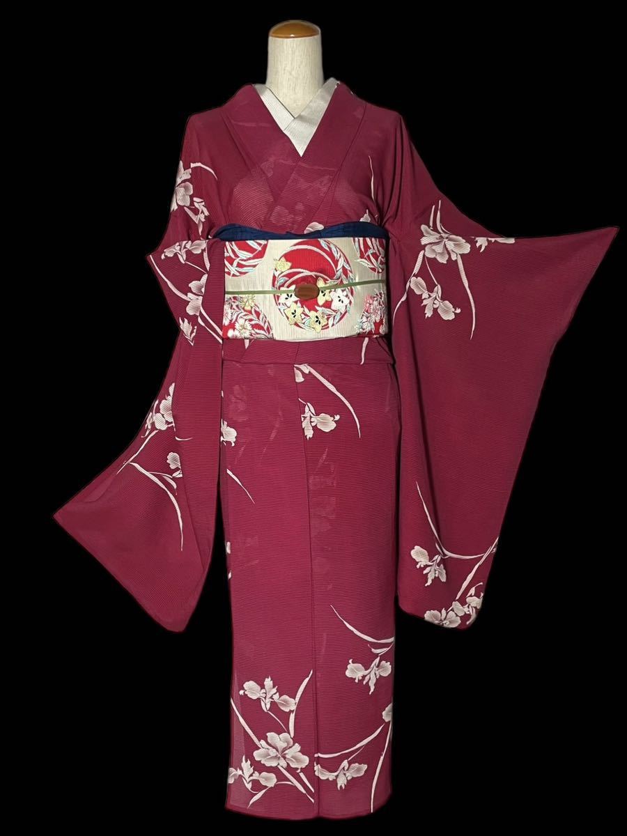 まり葉屋】アンティーク着物 絽 あやめ 菖蒲 臙脂色 小振袖 二尺袖