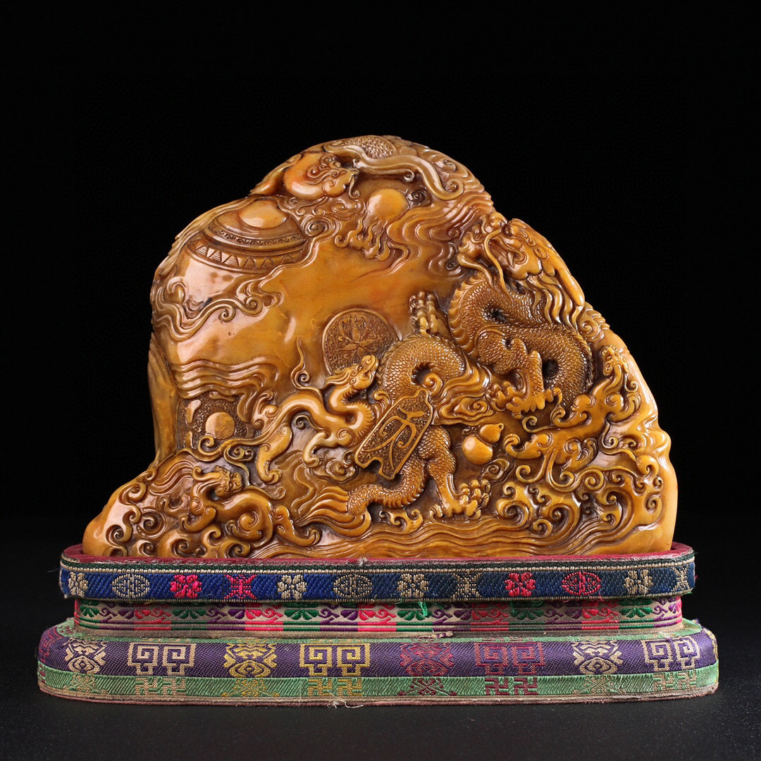 超珍館蔵】寿山石 田黄石 細密彫 龍鳳呈祥紋印章 箱付 置物 古賞物 古