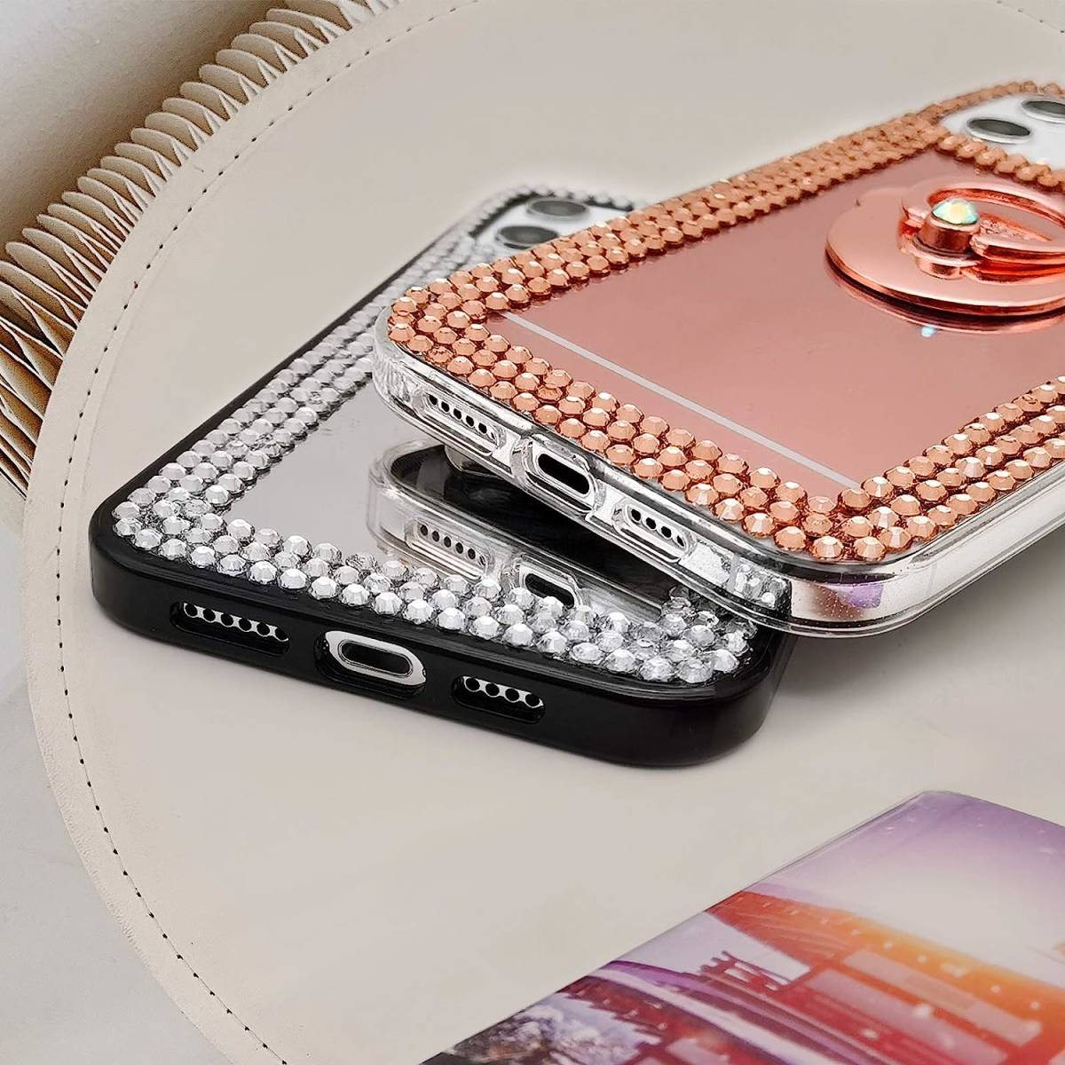 iPhoneケース リング付 背面ミラー 輝くラインストーン お化粧直し手鏡
