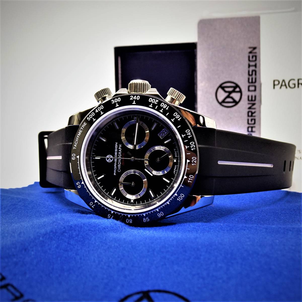 新品・パガーニデザイン・メンズ・セイコー製VK63クロノグラフクオーツ式腕時計 ・オマージュウオッチ・ブラックラバーストラップベルト