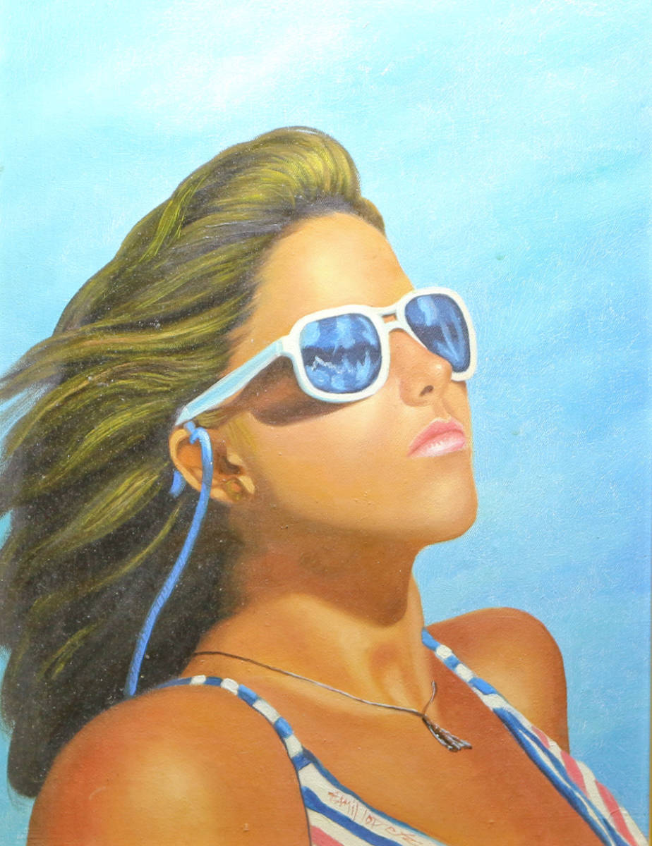  acrylic fiber ./ author un- details / autograph / woman / swimsuit / sunglasses / sea / portrait painting / autograph equipped / picture / frame 