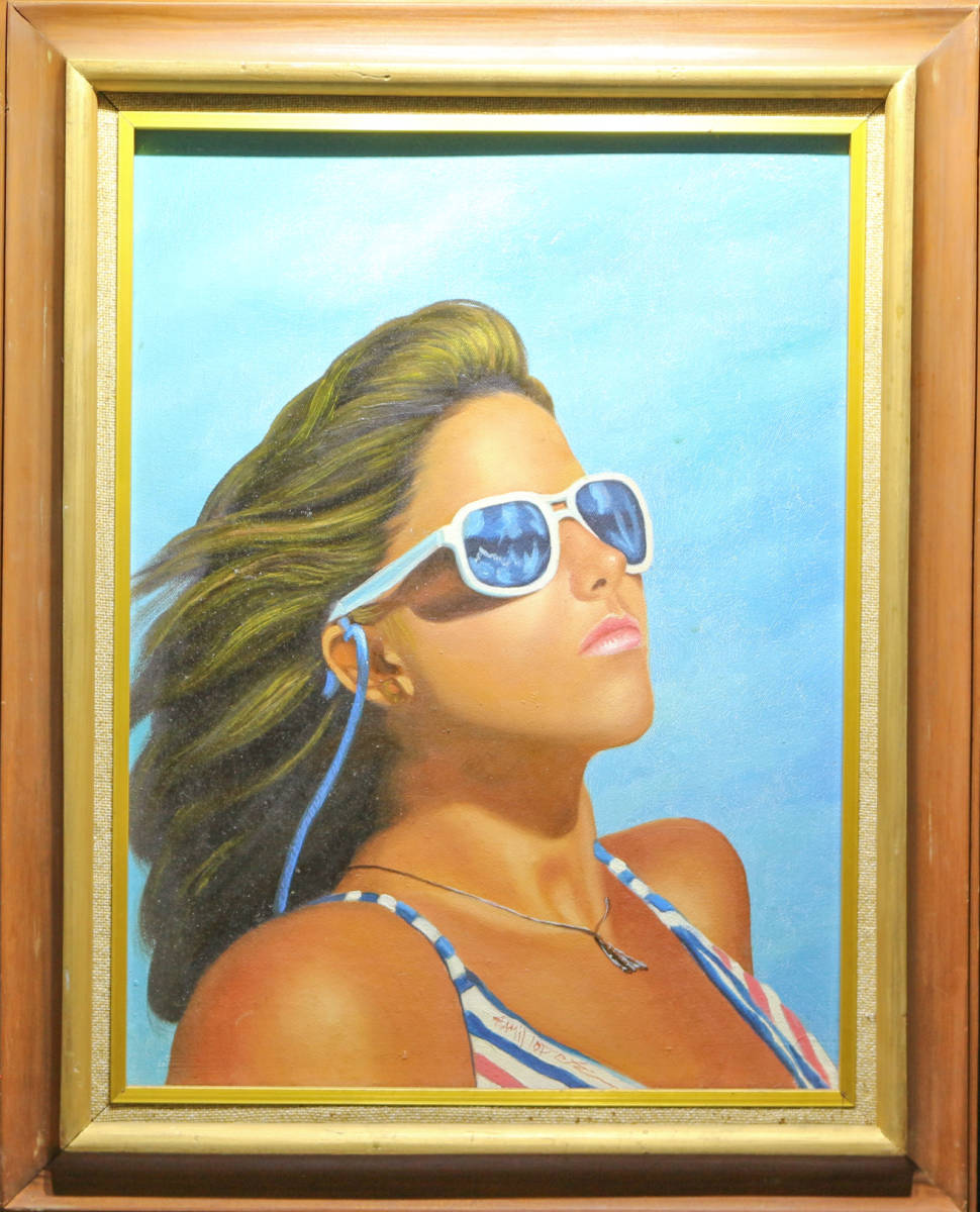  acrylic fiber ./ author un- details / autograph / woman / swimsuit / sunglasses / sea / portrait painting / autograph equipped / picture / frame 