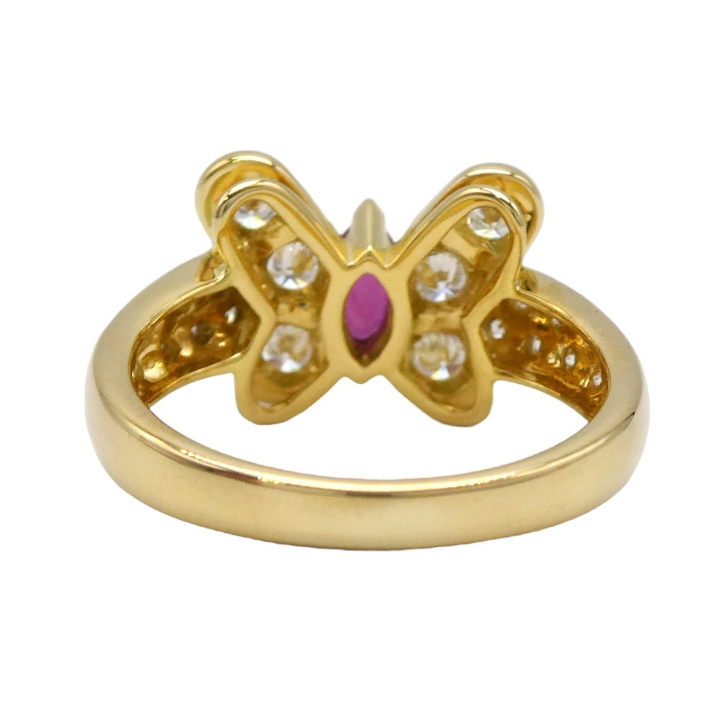 リング K18 ルビー0.29ct ダイヤ0.36ct 蝶(バタフライ)モチーフ
