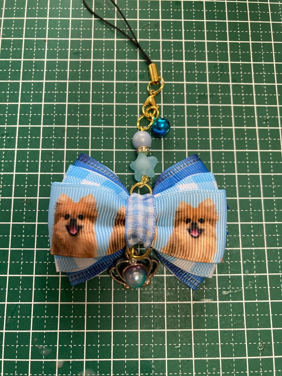 ポメラニアン☆犬☆わんちゃん☆可愛い☆リボンストラップ☆デニム柄☆チェック☆キーホルダー☆パールチャーム☆鈴付き☆お散歩カバン☆夏