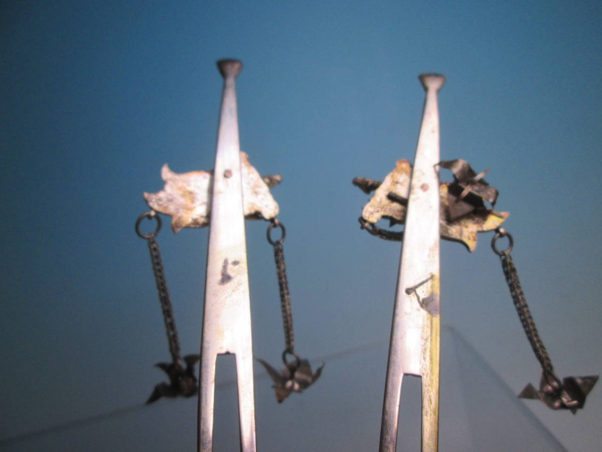 ☆アンティーク・彫金細工 鍍金 流水に亀折り鶴のビラビラかんざし 一対 22.85g_画像10