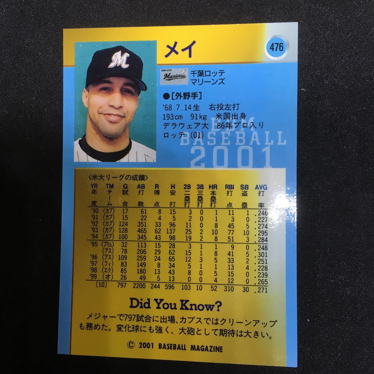 直筆サイン デリック.メイ BBM プロ野球カード 2001 千葉ロッテ マリーンズ 476_画像2