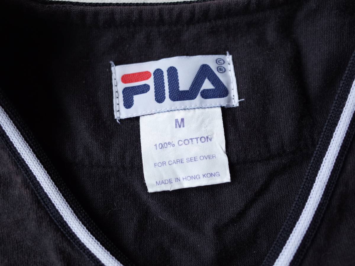 レア ■ 90's ビンテージ　FILA フィラ ベースボールシャツ ゲームシャツ　M (大きめ) 黒白ストライプ 青　香港製 アンティーク USA古着 ■_画像3