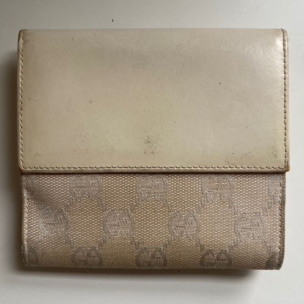 B3F116◆ グッチ GUCCI キャンバス×本革レザー ホワイト色系 ジャッキー GG柄 総柄 ボタン開閉小銭入れあり 二つ折り財布_画像2