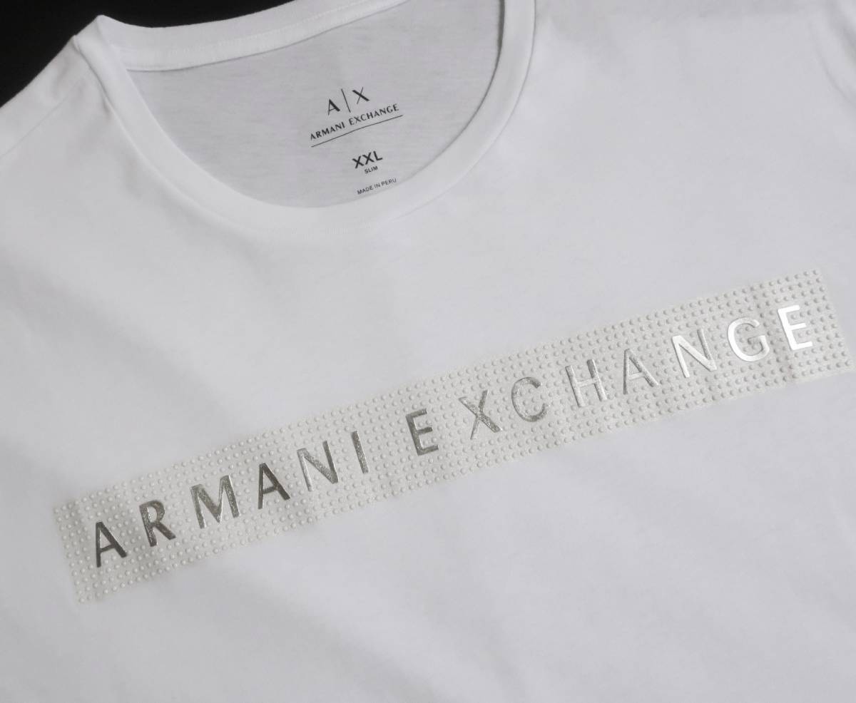 新品★アルマーニ★大きいサイズ★ホワイト Tシャツ★ラインストーン★シルバー ロゴ プリント★白 XXL★AX ARMANI★872_画像2