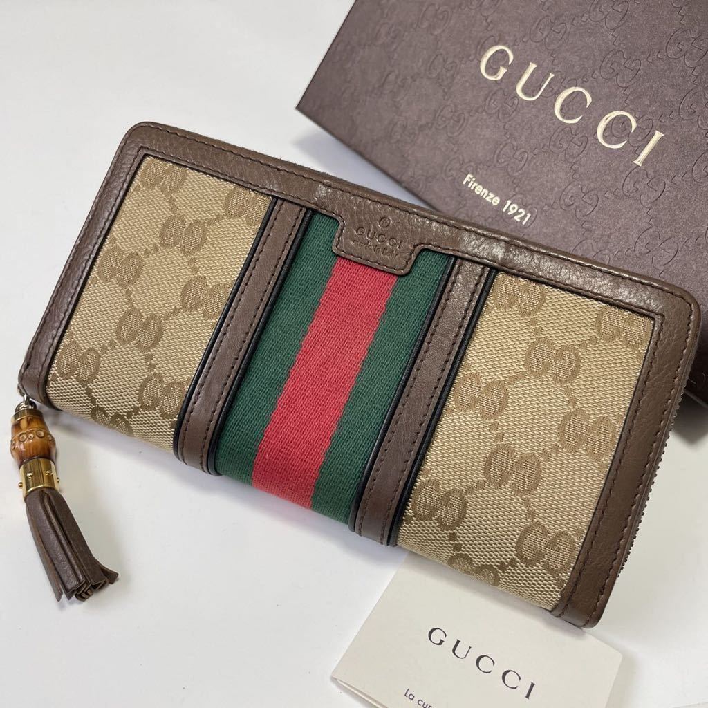 美品 GUCCI グッチ シェリー GGキャンバス レザー バンブー タッセル