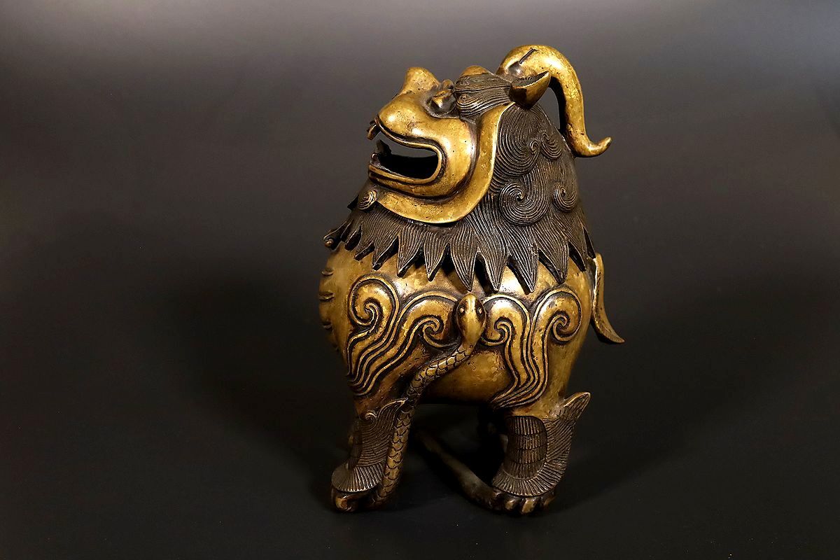 【小】3709　中国古美術　唐物　古銅獅子香炉　宣徳　唐銅　時代古銅　古美術収集家放出品_画像2