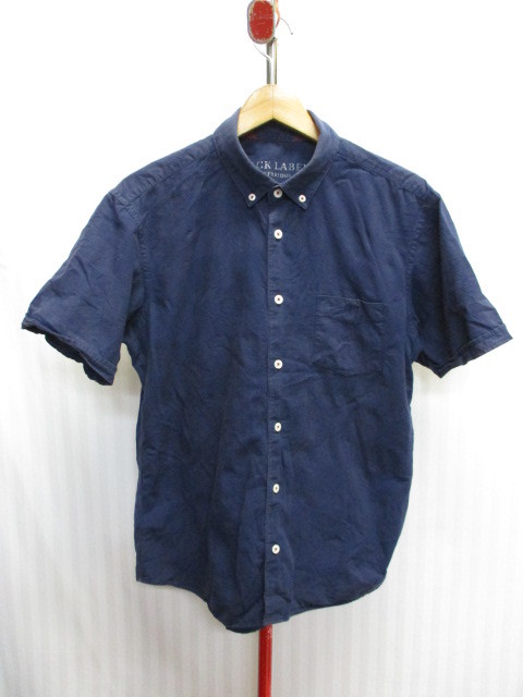 ブラックレーベルクレストブリッジ　リネンシャツ　メンズL　半袖ボタンダウンシャツ　紺　ネイビーシャツ　半袖シャツ　メンズシャツ05252_画像1