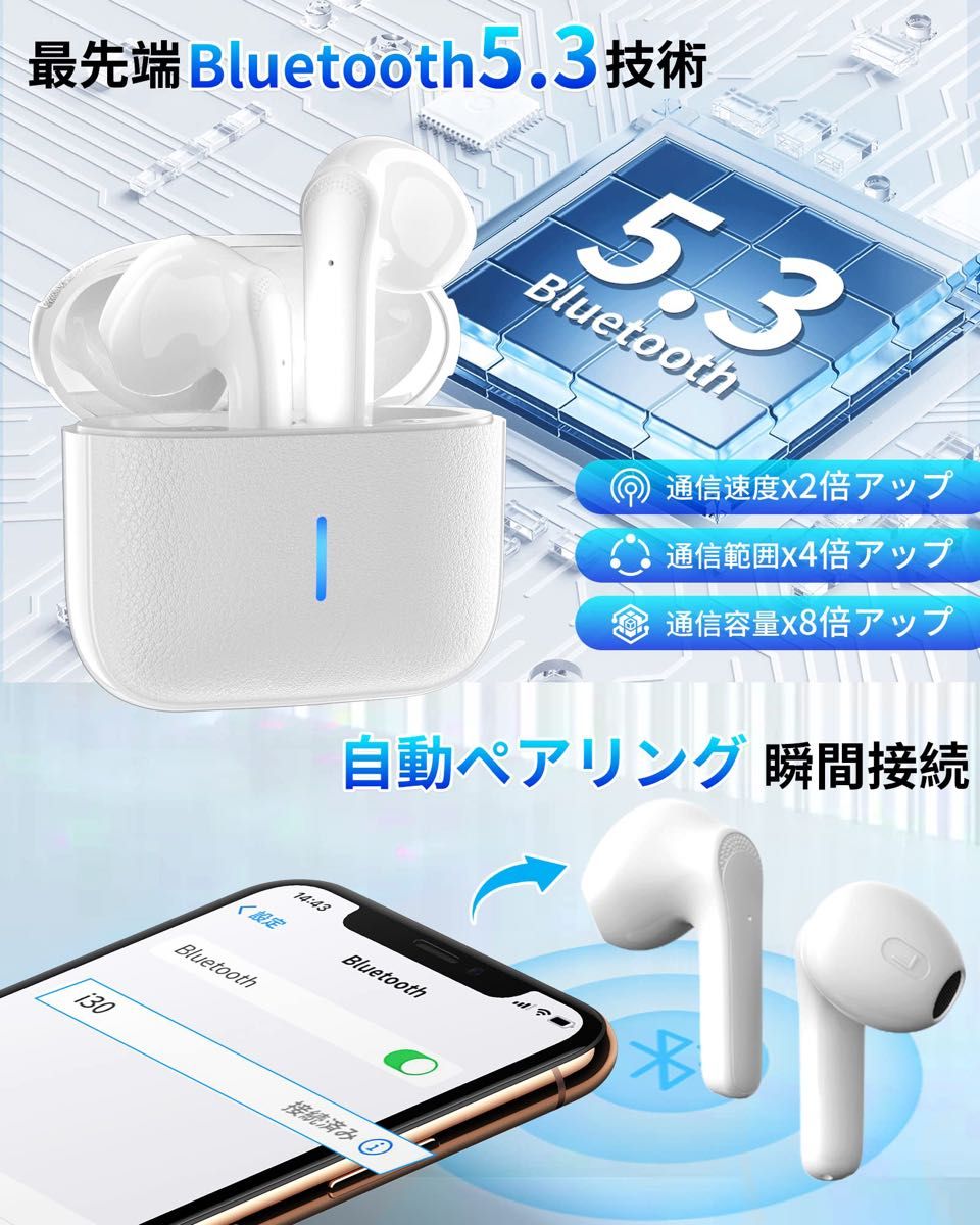 ワイヤレスイヤホン bluetooth5.3 マイク付き 自動 iphone イヤフォン iPhone 最大24時間