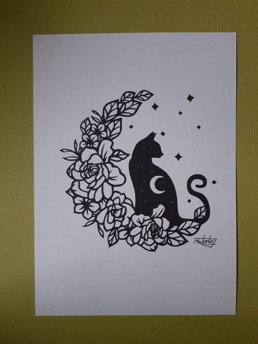 切り絵アート　星空の下の猫とバラの花_画像2