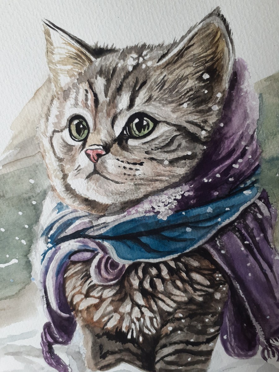 水彩画 雪中の子猫