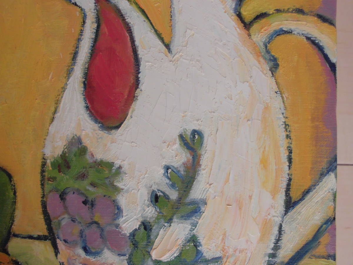 油絵F6号41ｘ32ｃｍ赤いトサカ鶏型壺とカボチャ野菜青りんごレモン作者不詳油彩画肉筆額無キャンバス直筆一点物アート作品インテリア絵画の画像4