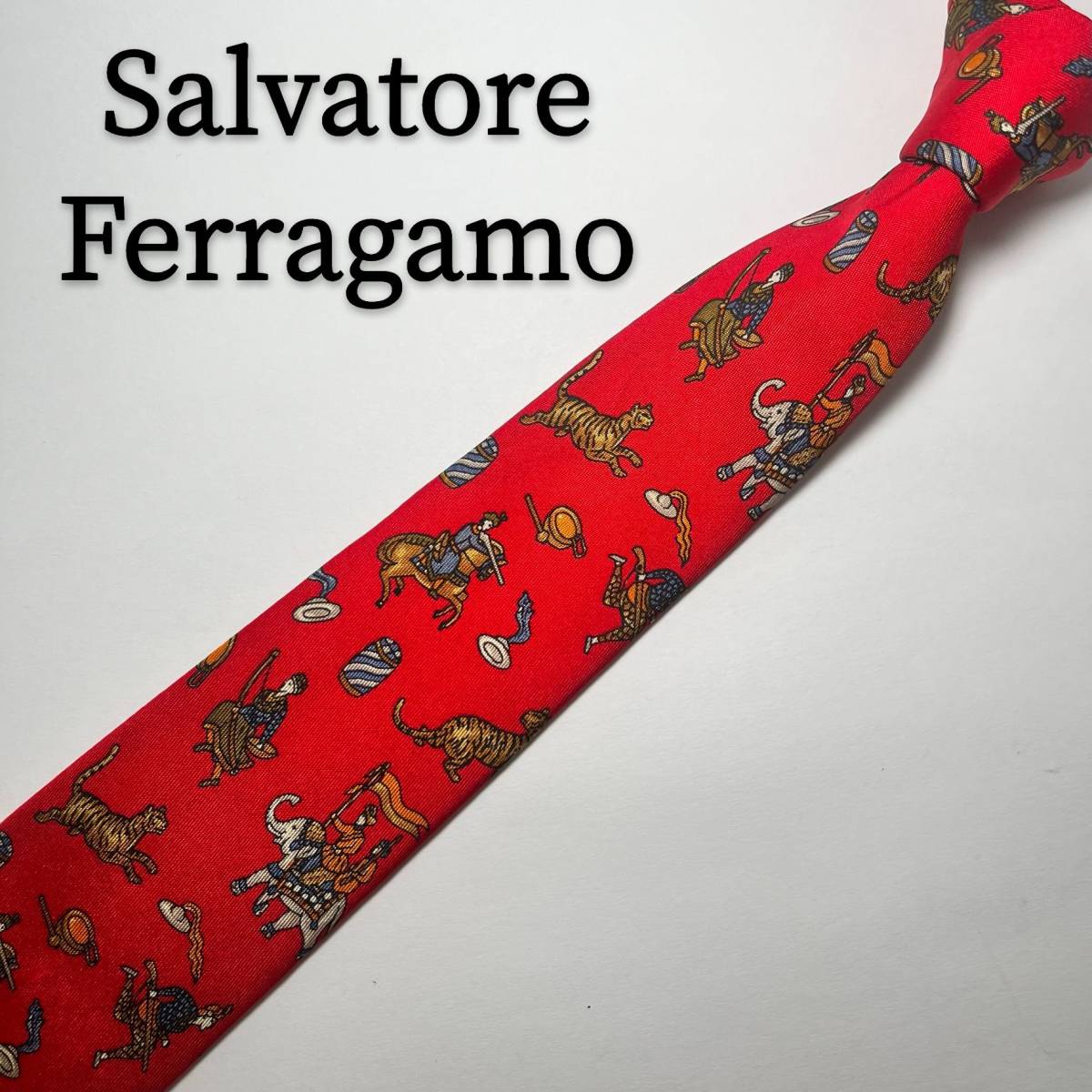 フェラガモ Salvatore Ferragamo ネクタイ シルク レッド 総柄 情熱的 ハイブランド レギュラー USED 赤 絹 タイガー_画像1