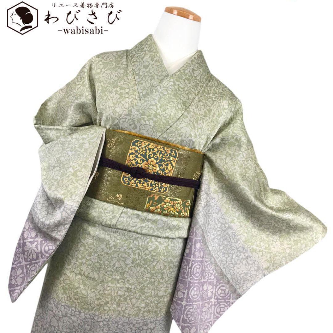 国内配送】 裄丈64.5cm 身丈164cm 袷 茶緑色 金糸 刺繍 向かい鳥 草花