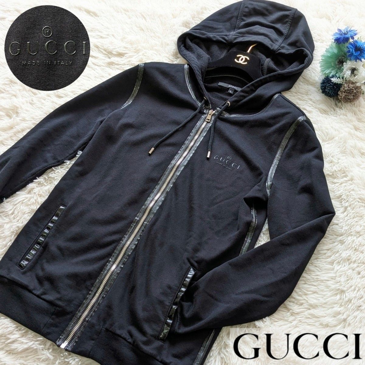 美品☆希少☆　GUCCI グッチ パーカー ジップアップパーカー ロゴ ブラック　長袖　コットン