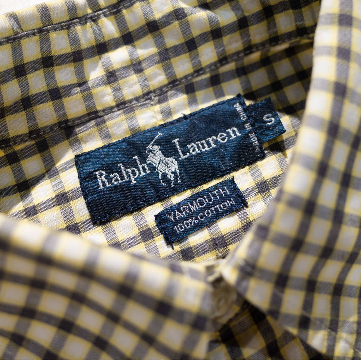 【美品】S / 90’s Vintage Ralph Lauren YARMOUTH ポロラルフローレン チェック コットン BD 半袖シャツ 古着 イエロー グレー 黄色