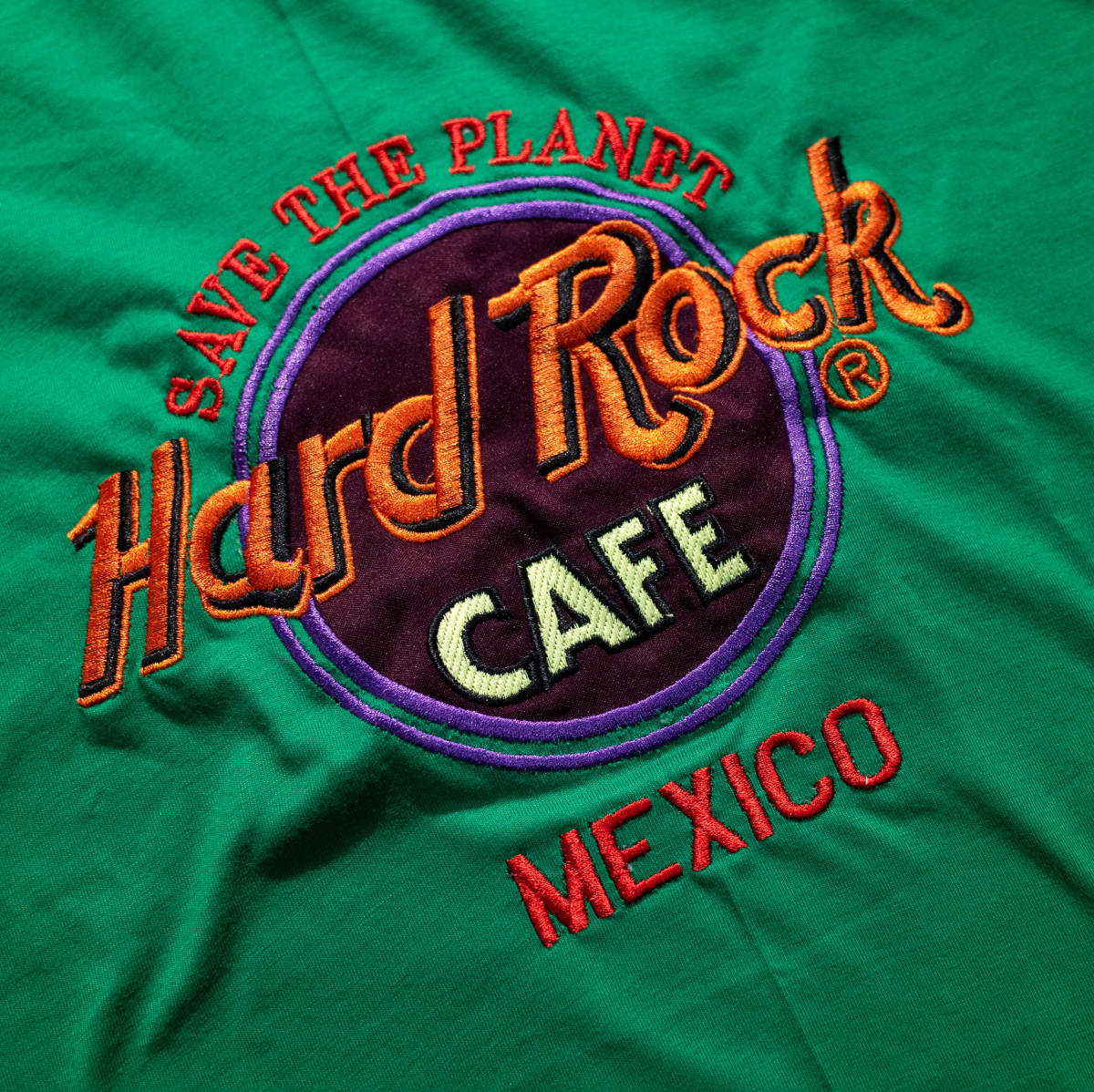 【USA製】L / HARD ROCK CAFE MEXICO ハードロックカフェ メキシコ 刺繍入り クルーネック デカロゴ Tシャツ 緑 グリーン オレンジ 赤 美品