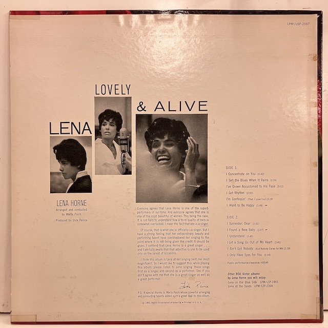 ●即決VOCAL LP Lena Horne / Lovely And Alive lsp2587 jv4648 米オリジナル、Dg Stereo レナ・ホーン _画像4