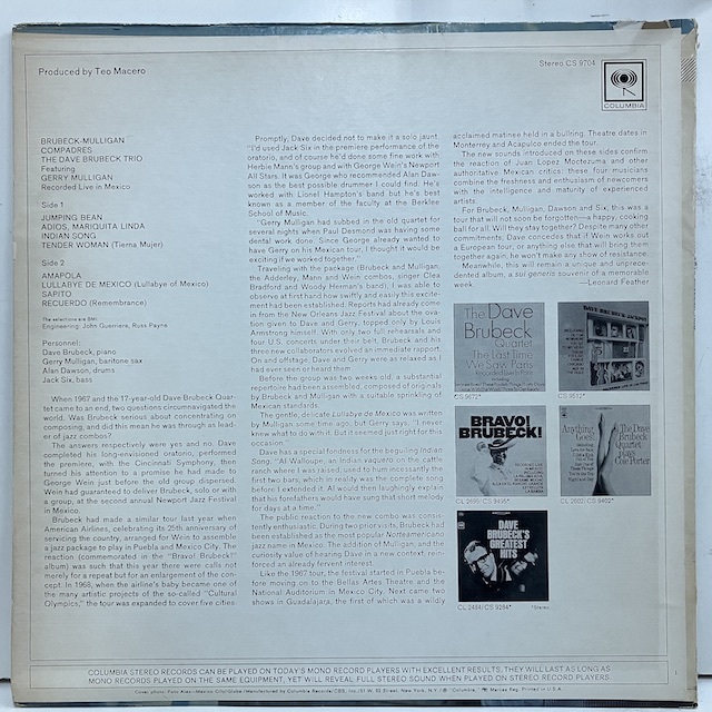 ●即決LP Dave Brubeck / Compadres Mulligan Cs9704 j37357 米オリジナル、2eye白矢 Stereo 1B1A デイヴ・ブルーベック _画像4