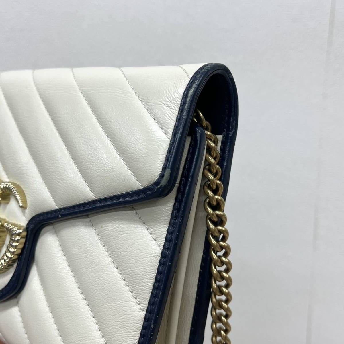 高級 GUCCI グッチ GGマーモント ステッチ レザー チェーン ウォレット