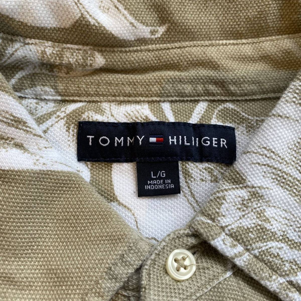 USA古着 TOMMY HILFIGER トミーヒルフィガー ポロシャツ メンズ 総柄 ワンポイント アロハ 半袖 カジュアル ベージュ アメリカ仕入 T2160_画像4