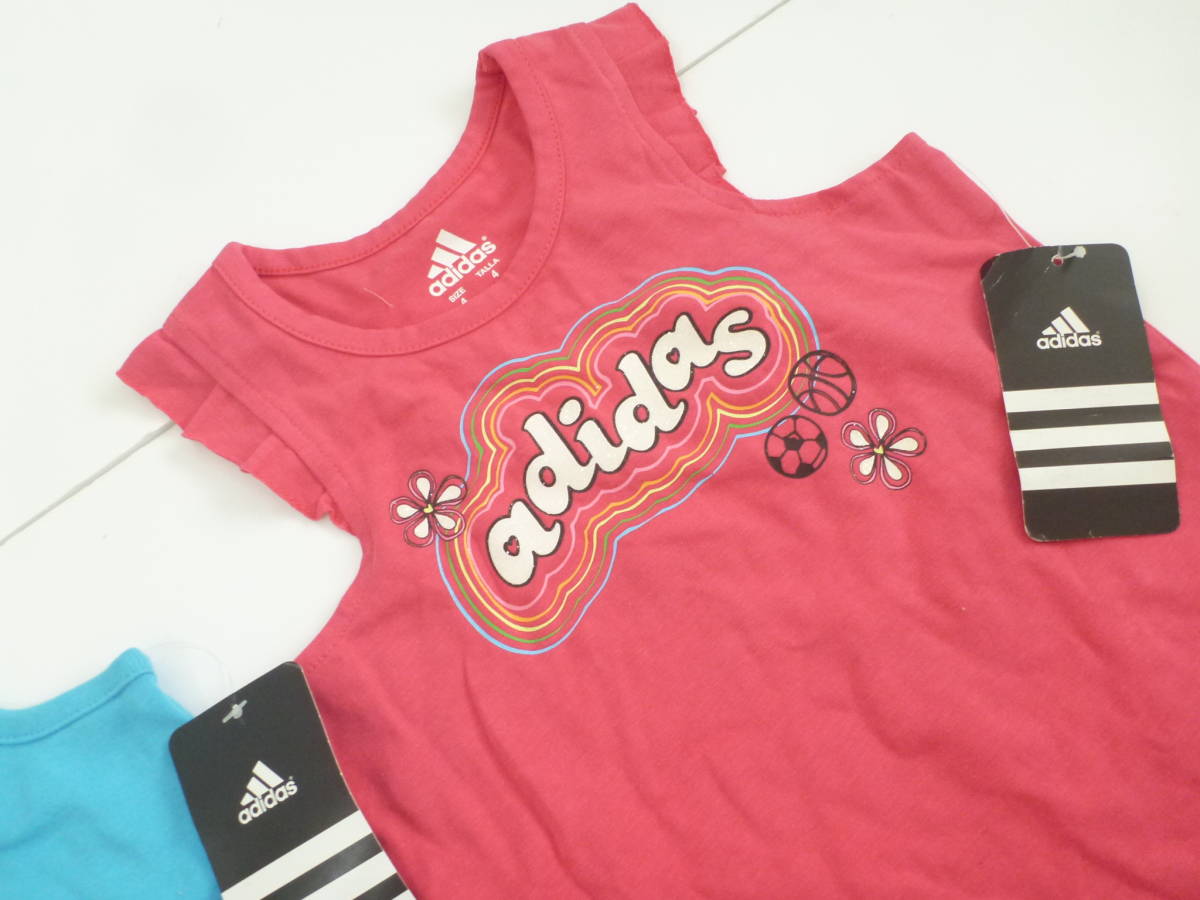 新品 adidas アディダス★2枚セット ピンク×水色 ラメプリント フリル タンクトップ 4 100相当 双子 の画像3