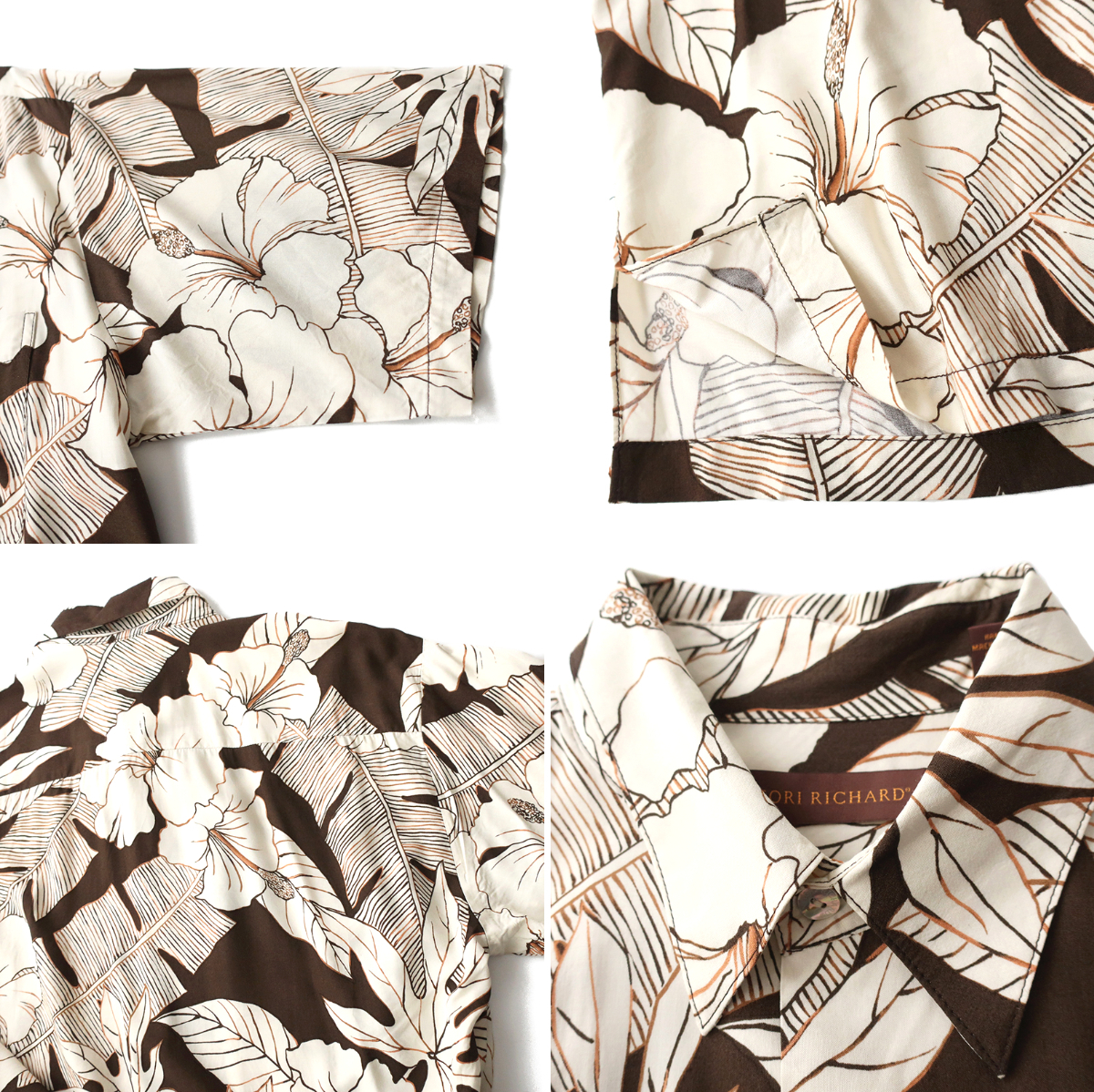 美品◎USA製 TORI RICHARD レーヨンアロハシャツ ボタニカル柄 シェルボタン ブラウン(M)の画像3