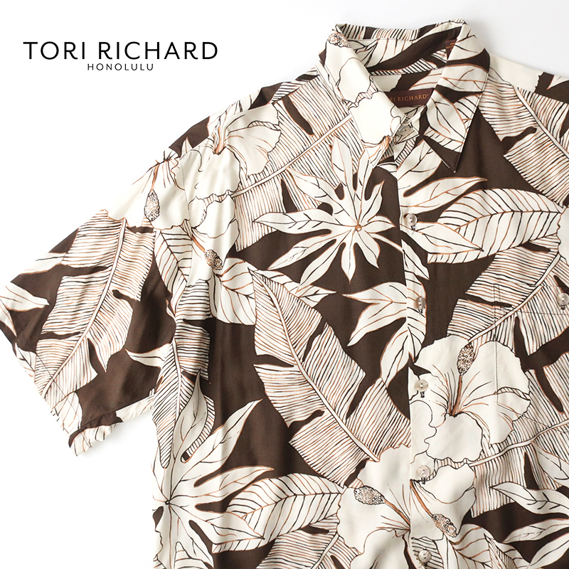 美品◎USA製 TORI RICHARD レーヨンアロハシャツ ボタニカル柄 シェルボタン ブラウン(M)の画像1
