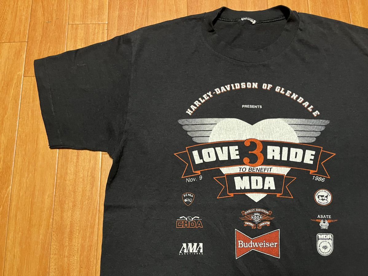 80s Harley Davidson Tシャツ Love Ride ハーレー スカル ウィング ビンテージ USA製 vintage MC 3D イーグル 鷹 バイカー tee 70s 豚 Tee _画像1