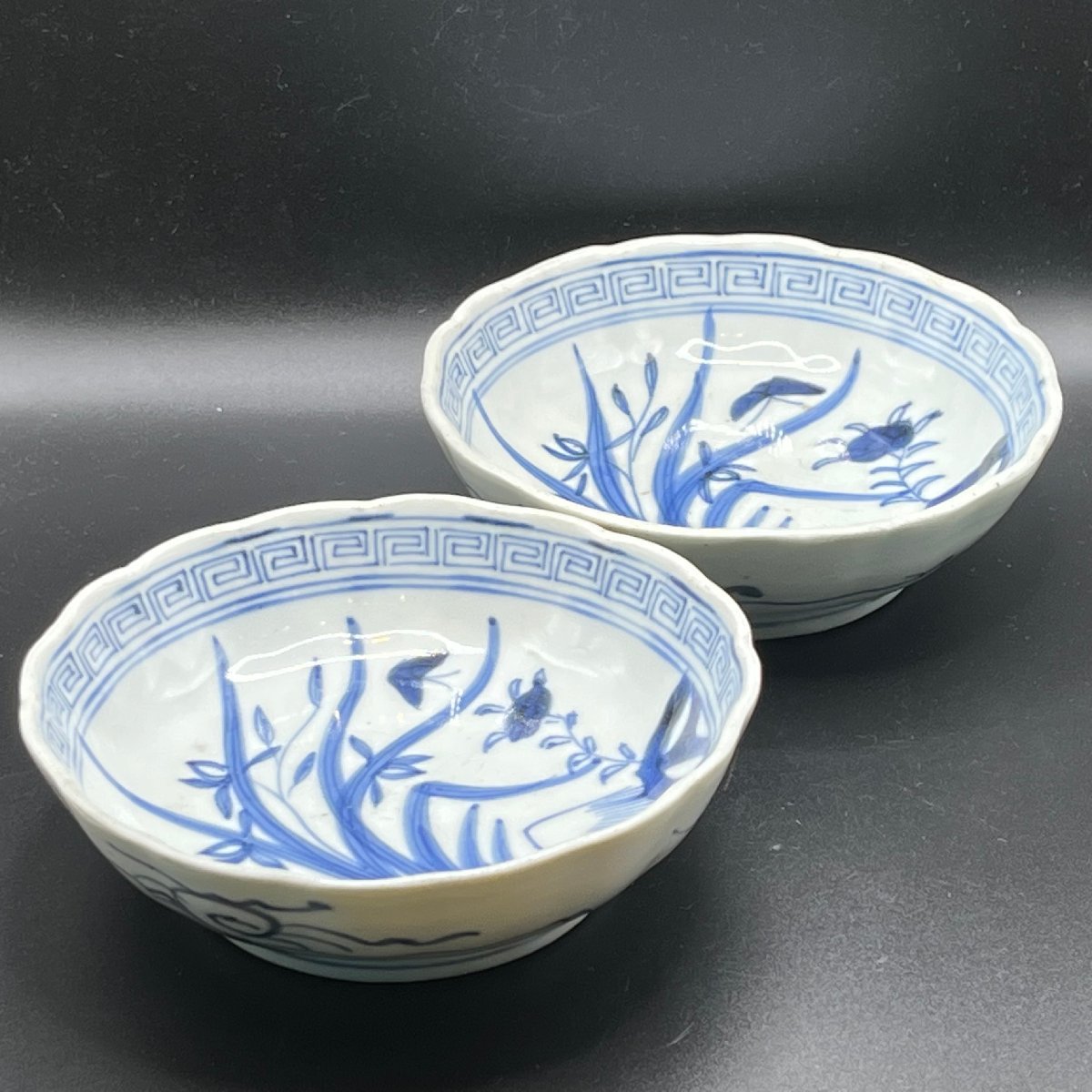 194 伊万里蝶草文なます皿二客セット検染付古伊万里レトロ和食器料亭