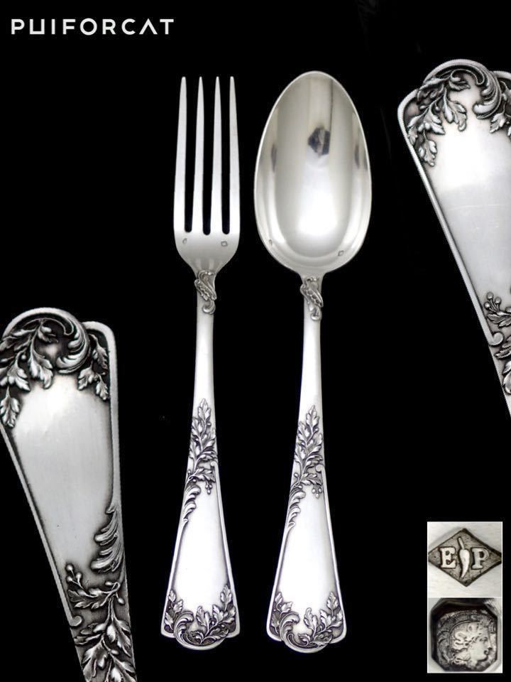 ラスト2本 大型 Puiforcat ピュイフォルカ 純銀無垢 Louis XV, Foliate テーブルスプーンとフォークのセット _画像1