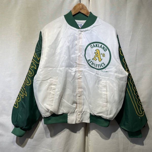 希少! 80s Athletics 全面プリント スタジャン USA製 L ビンテージ MLB ジャケット アスレチックス 90s_画像1