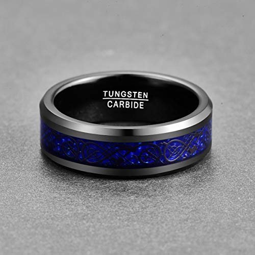 R363 リング 指輪 メンズ タングステン 炭素繊維 竜紋 ブルー 横幅8mm-