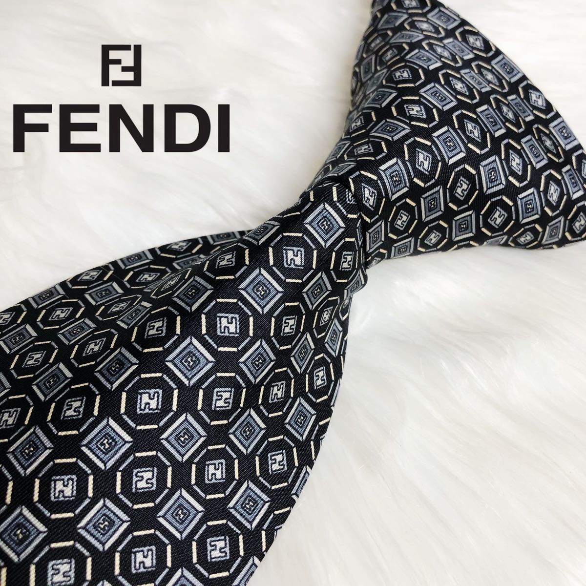 未使用級✨FENDI ネクタイ シルク ズッカ デカロゴ FF 水色 ストライプ-