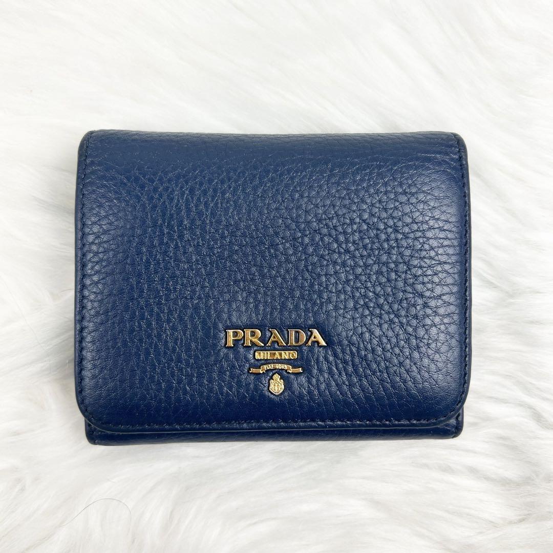 美品・箱付き】プラダ 折り財布 シボ革 ブランドロゴ ネイビー