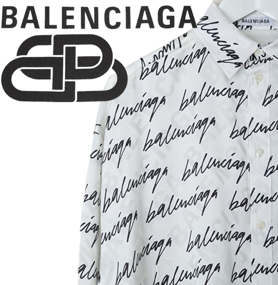 即決 定価19万円 バレンシアガ BALENCIAGA シルク100% ロゴ総柄 オーバーサイズ 長袖 シャツ クリーニング済み_画像1