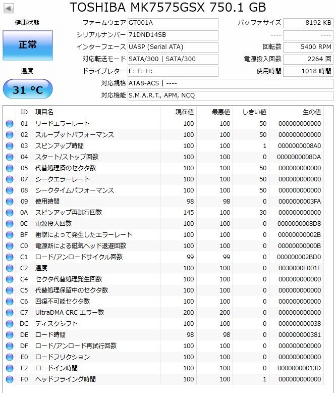 3765 2.5インチ内蔵SATAハードディスク 9.5mm 750GB 東芝 MK7575GSX LIFEBOOK AH56/D Windows7Homeリカバリ領域あり 使用1018時間_画像4