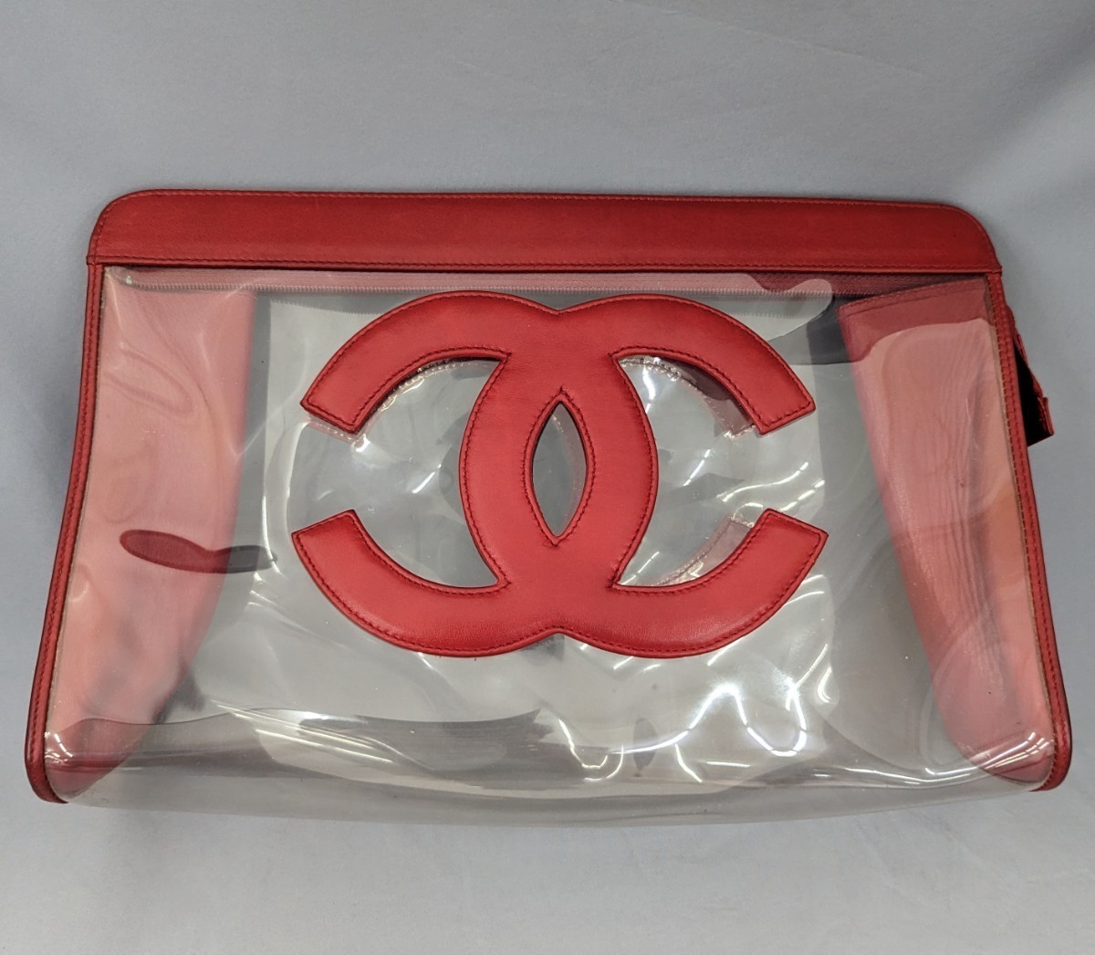 （３３）CHANEL シャネル クリアポーチ 30cm セカンドバッグ ポシェット レザー×ビニール レトロ　中古_画像2