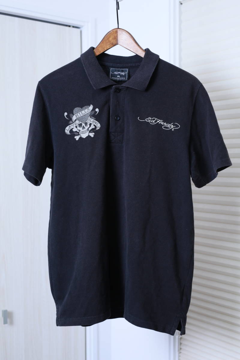 ☆Ed Hardy エドハーディー プリント刺繍加工半袖ポロシャツ 古着