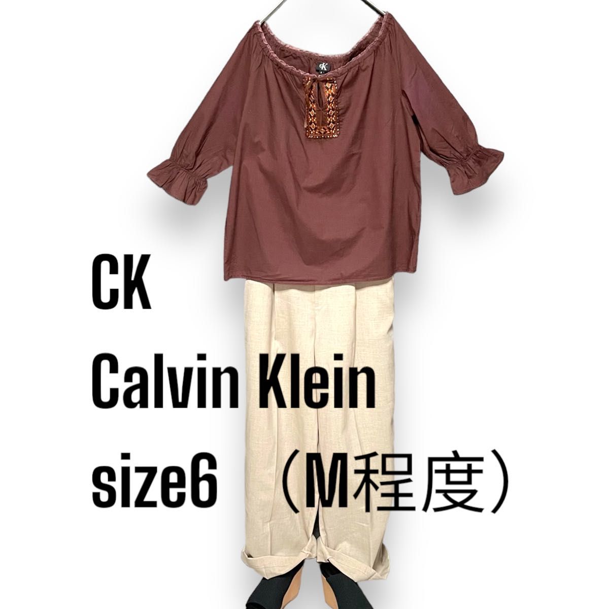 CK calvin klein カルバンクライン　刺繍 ブラウス　エスニック　シャツ　ブラウン　レディース　