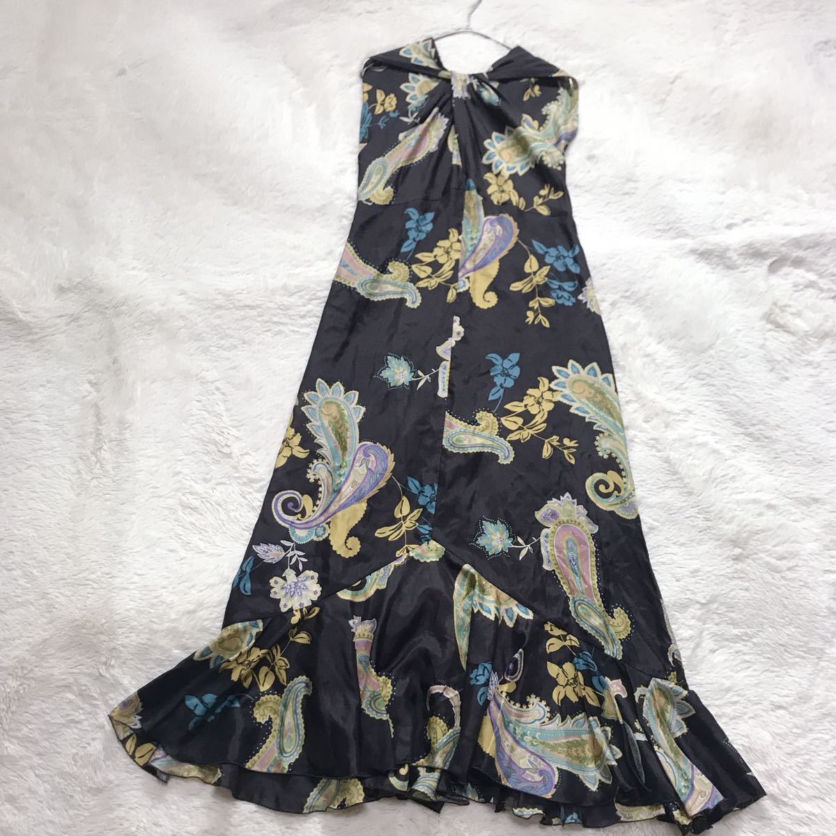 極美品 MaxMara 白タグ シルク100 ペイズリー柄 ワンピース 黒 花柄 マックスマーラ マルチカラー マキシワンピース ロングワンピース