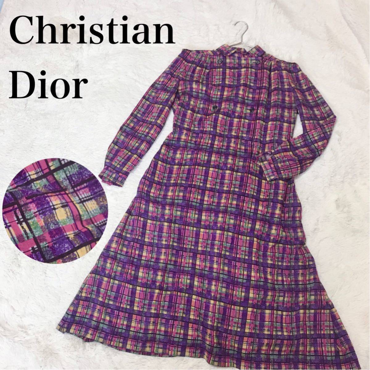 希少 Christian Dior シルク チェック シャツワンピース 総柄