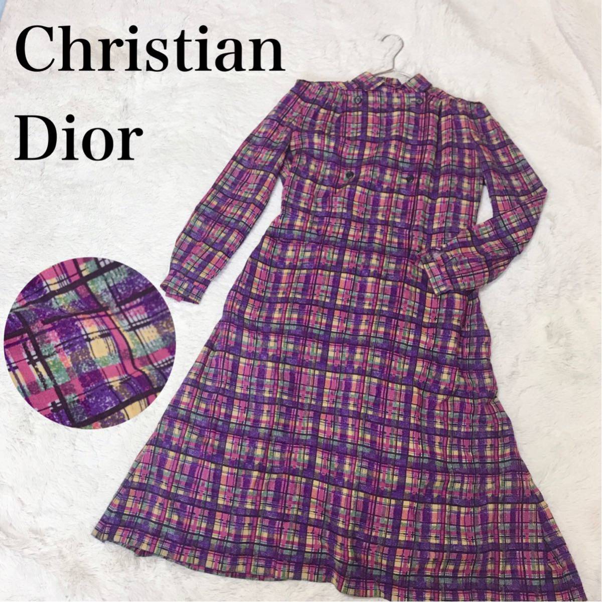 希少 Christian Dior シルク チェック シャツワンピース 総柄 